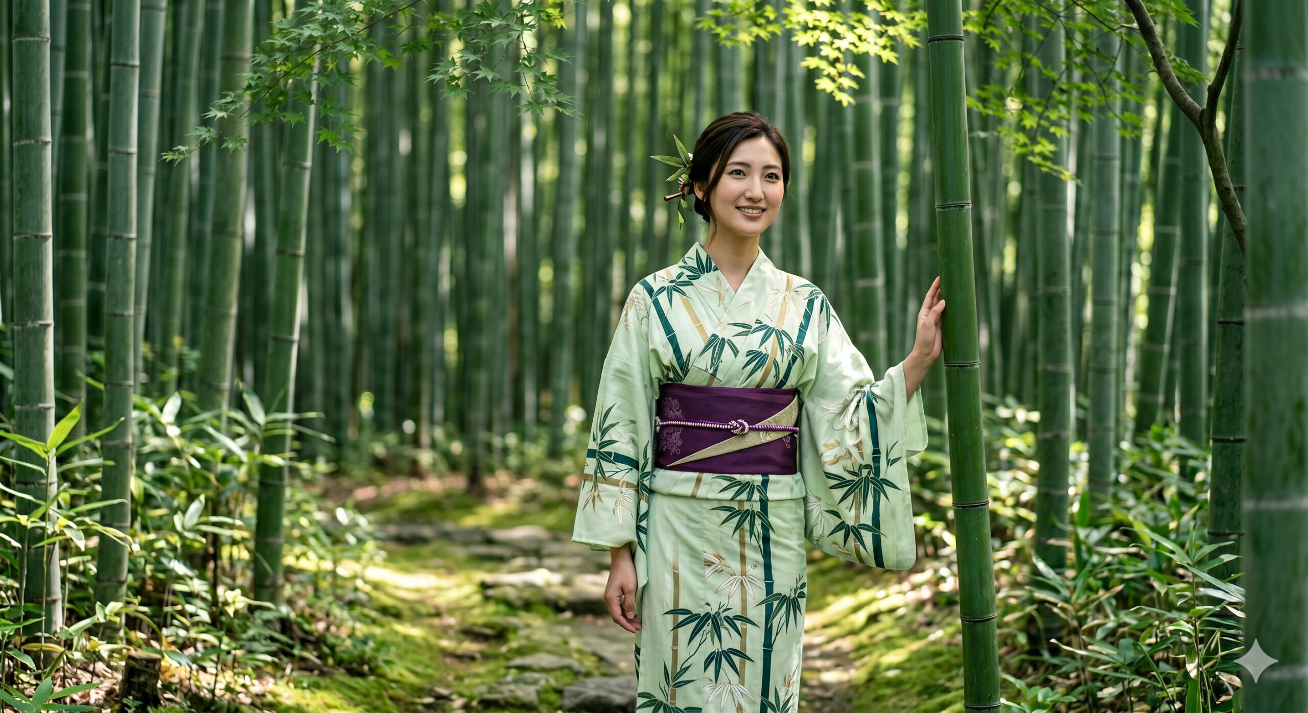 Japanese woman in bamboo pattern yukata in bamboo forest