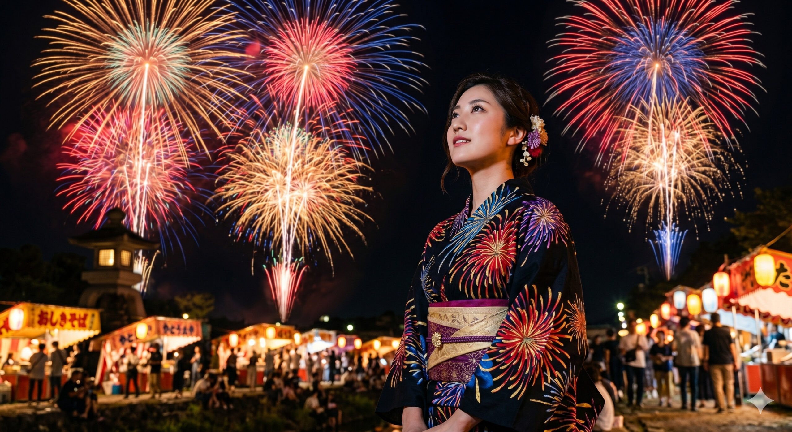 Japanese woman in fireworks hanabi pattern yukata at night festival