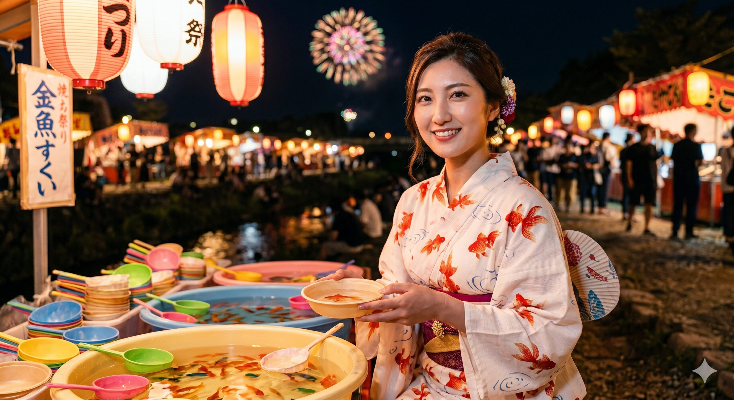 Japanese woman in goldfish kingyo yukata at summer festival
