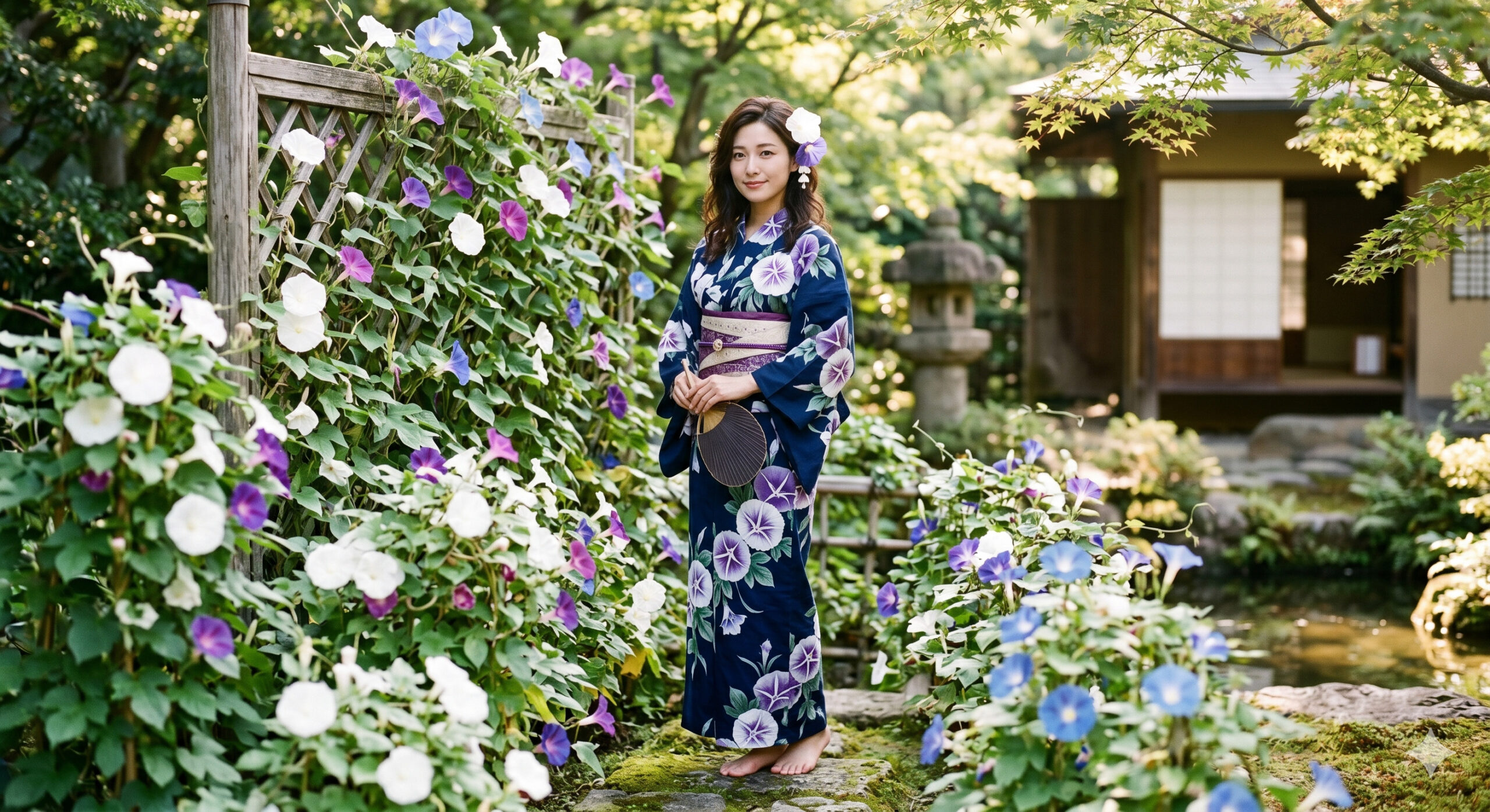 Japanese woman in morning glory asagao pattern yukata