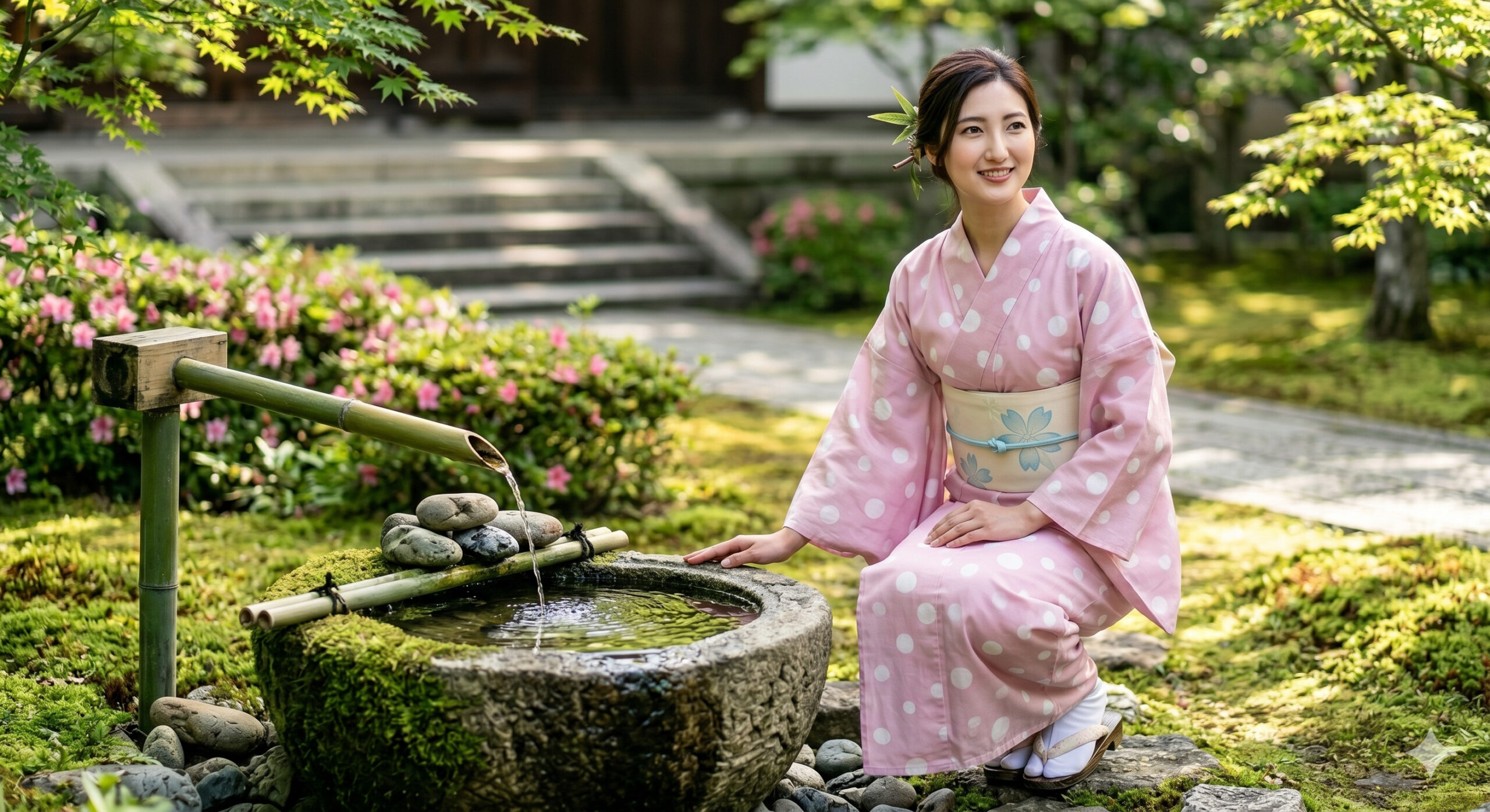 Pink polka dot mizutama yukata Japanese garden