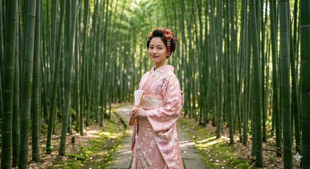 Woman in pastel pink kimono in Arashiyama bamboo forest Kyoto