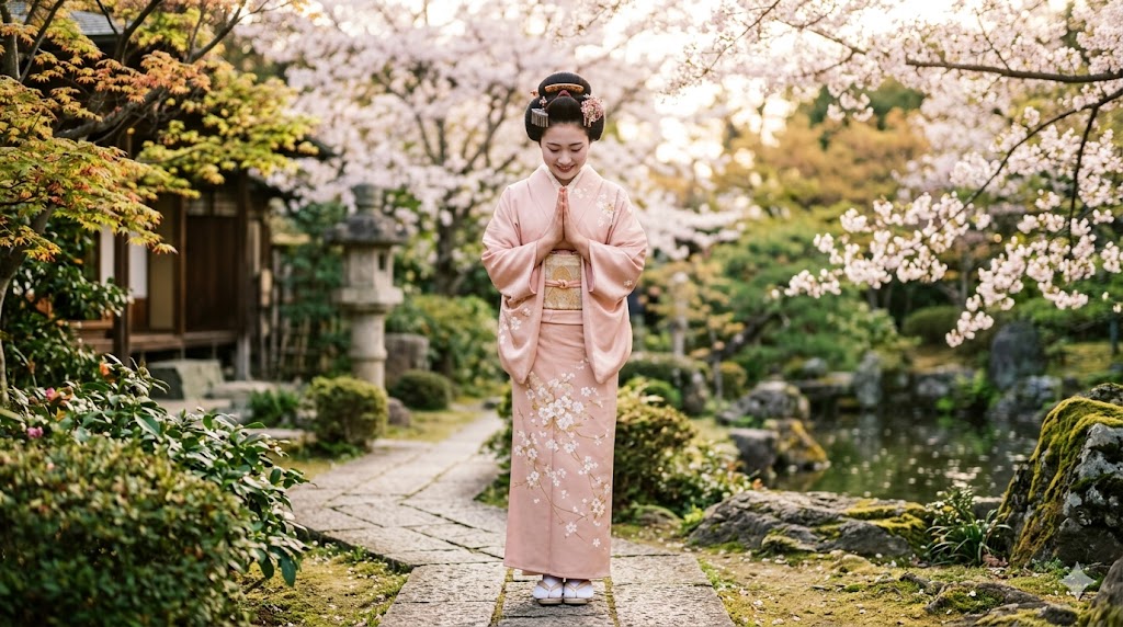 Japanese woman pressing hands together in gratitude — arigatou thank you gesture