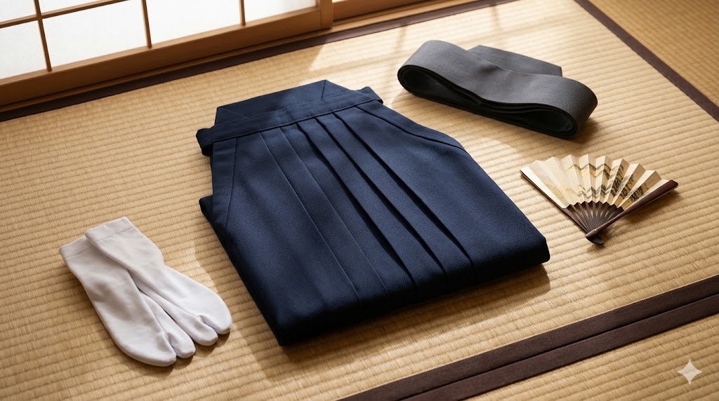 Hakama dressing preparation — flat lay on tatami