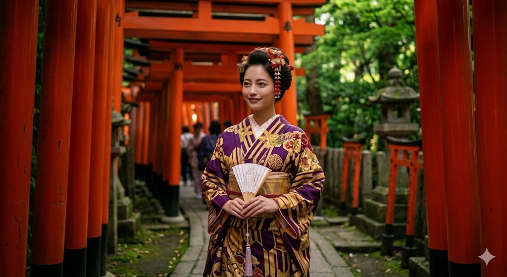 Woman in retro kimono at Fushimi Inari torii gates Kyoto