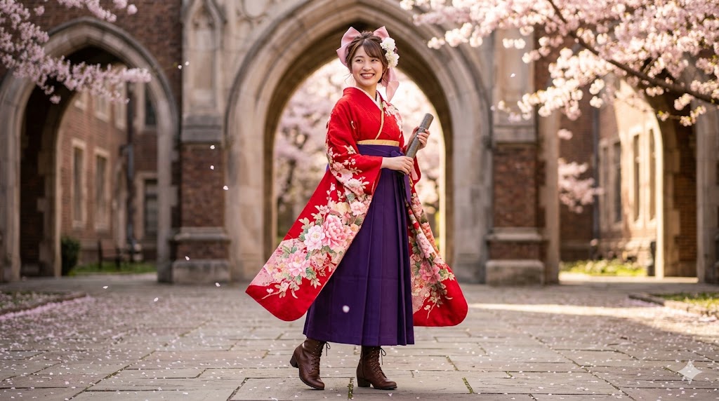 Classic graduation: red furisode with purple hakama and boots