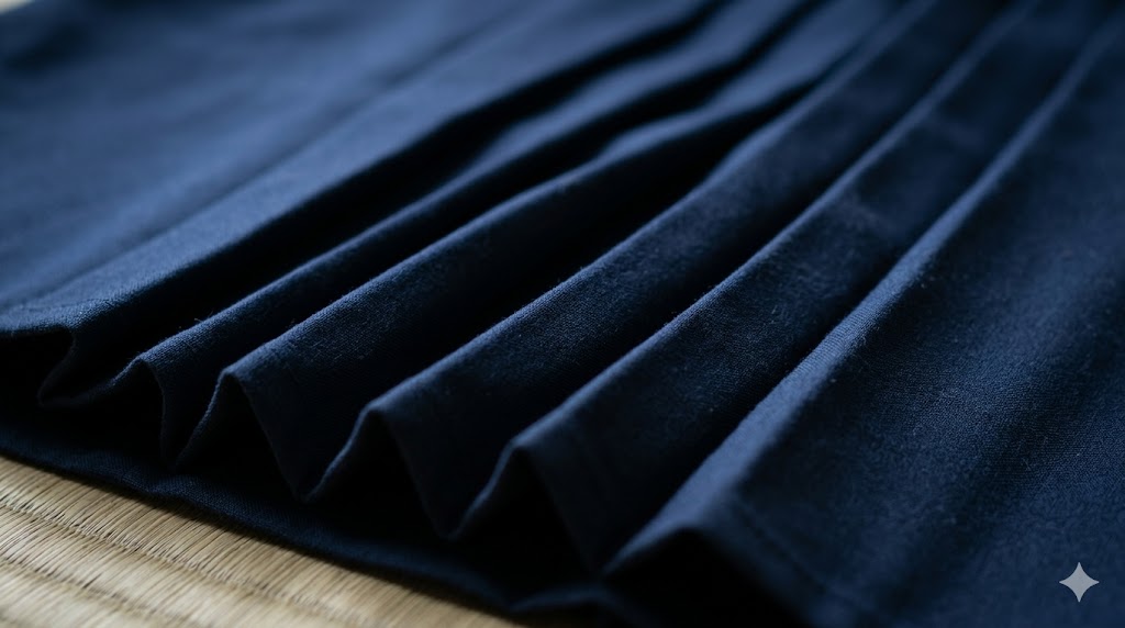 Close-up of hakama pleats — each fold represents a samurai virtue