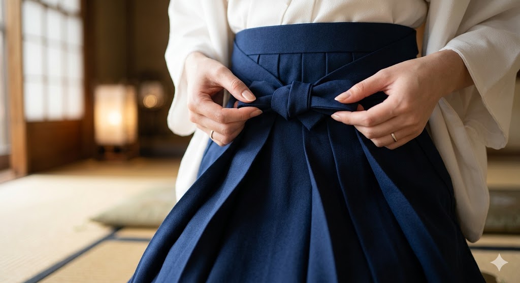 Tying the hakama himo — hana musubi bow knot close-up