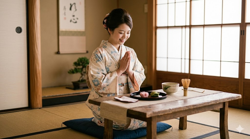 Japanese woman in kimono sitting before traditional sweets and matcha tea — itadakimasu food culture