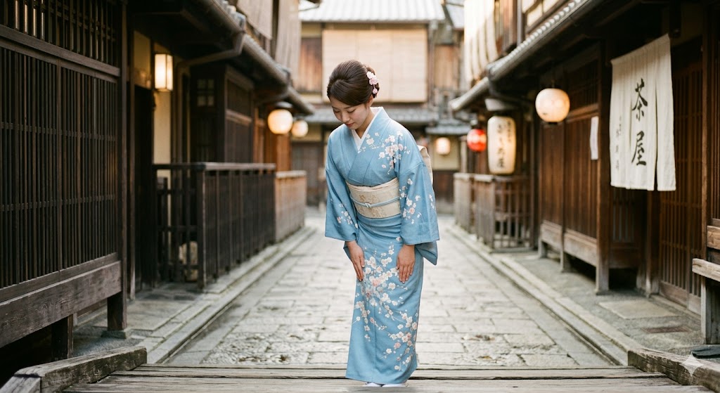 Japanese woman in kimono performing a graceful bow — the art of Konnichiwa