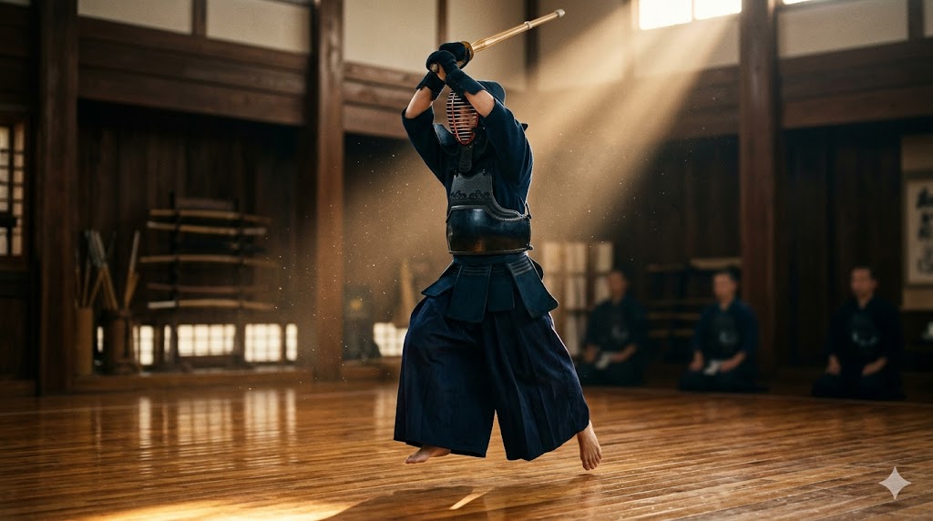 Kendo practitioner in full bogu armor with navy hakama