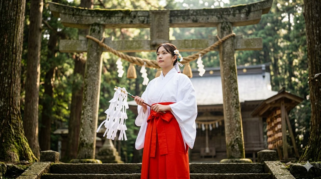 Miko shrine maiden in white and red hakama at Shinto shrine