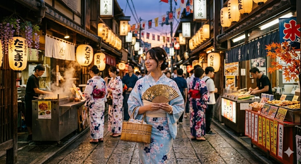 Woman in yukata at Japanese summer festival