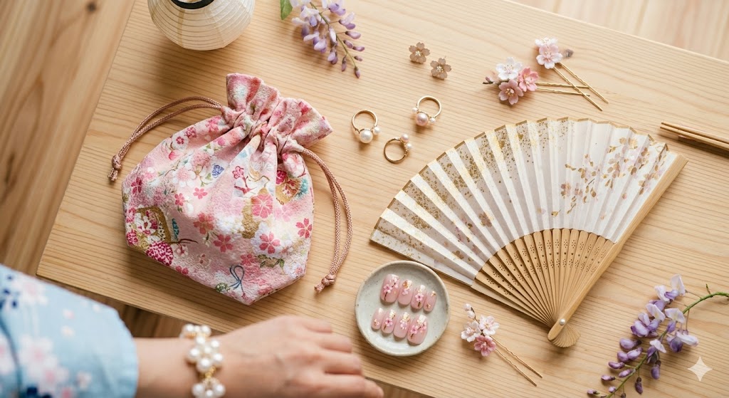 Yukata accessories: kinchaku bag, sensu fan, pearl rings and nail art