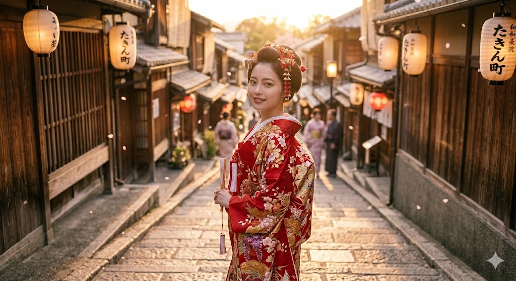 Woman in red kimono on Ninenzaka stone steps in Kyoto Gion