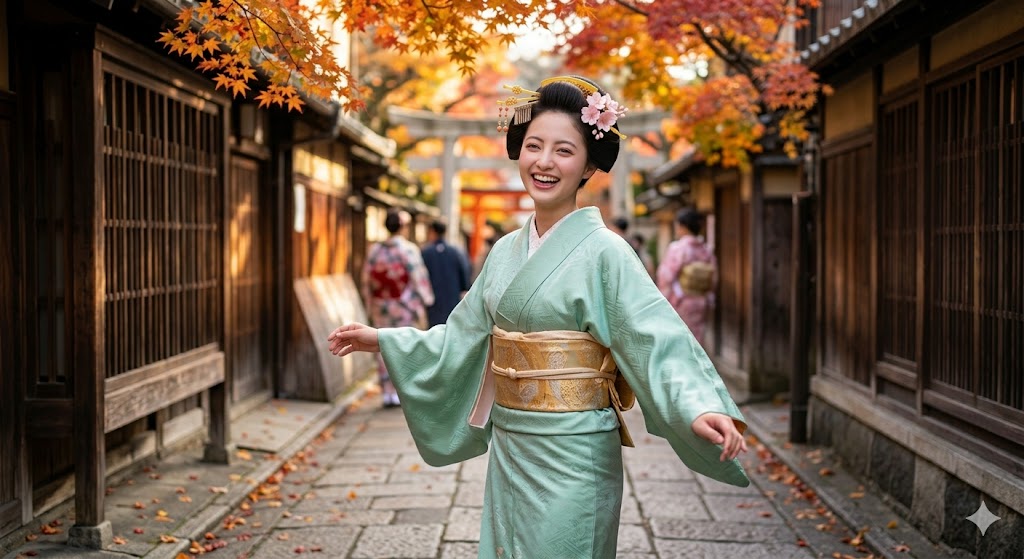 Kyoto kimono photoshoot autumn maple candid Japan