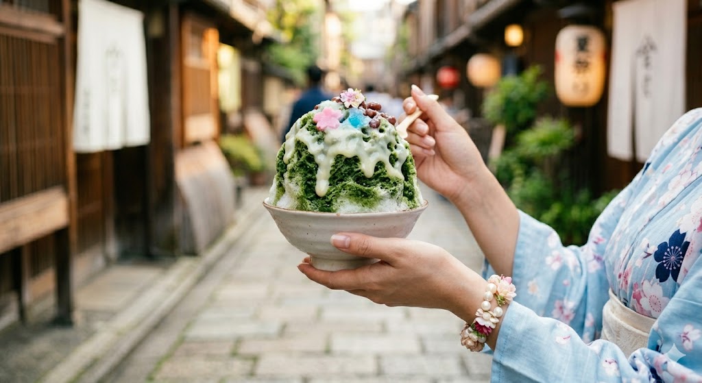 Matcha kakigori held by a girl in yukata