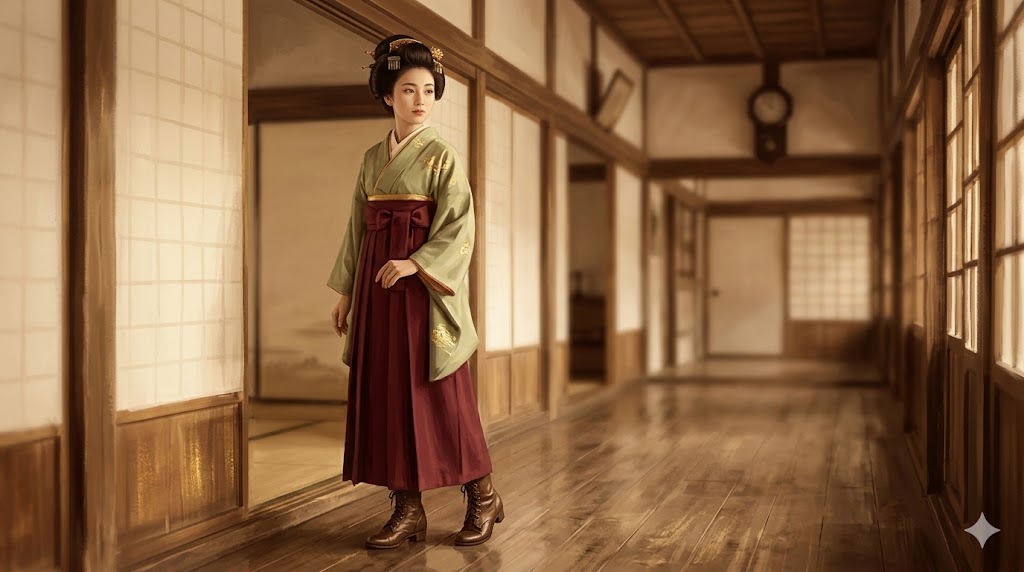 Meiji-era female student in hakama and boots