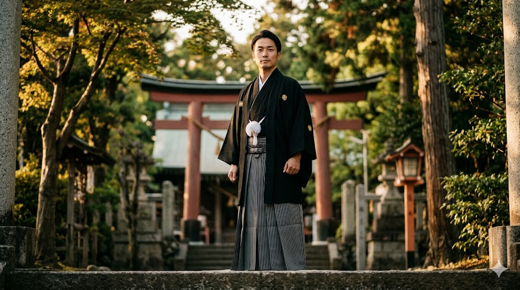 Japanese man in montsuki haori hakama formal attire