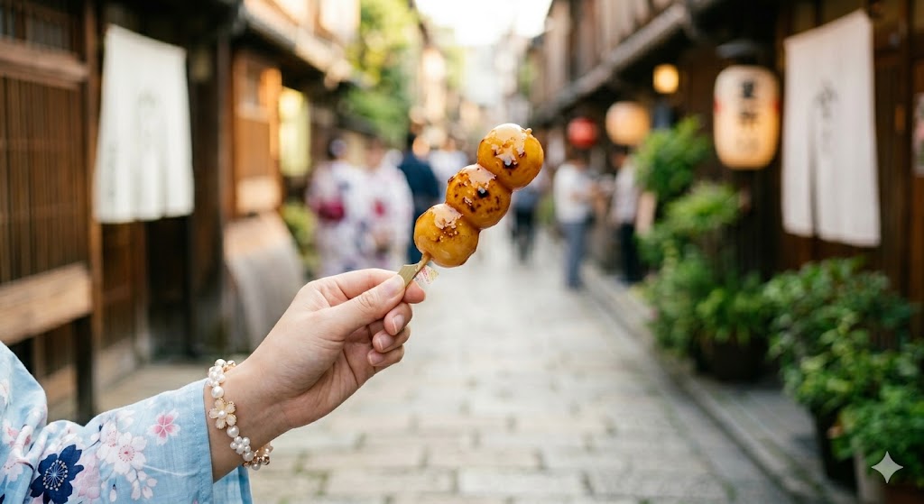 Mitarashi dango held in a yukata sleeve in Kyoto