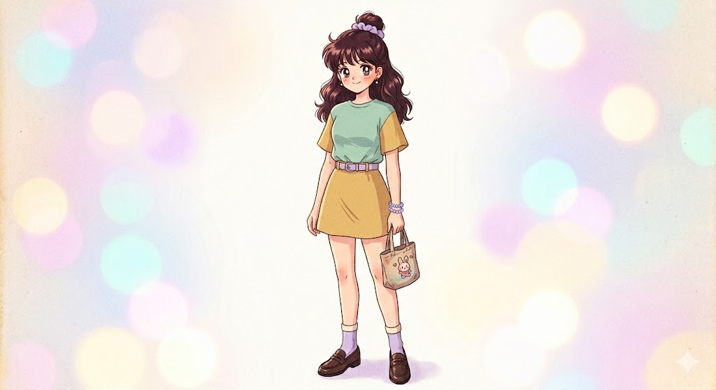 Retro 90s anime color palette outfit – mint green top with mustard yellow skirt