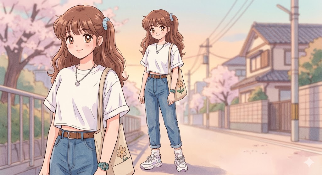 Retro anime clothing – high waisted mom jeans with white crop top, 90s anime fashion
