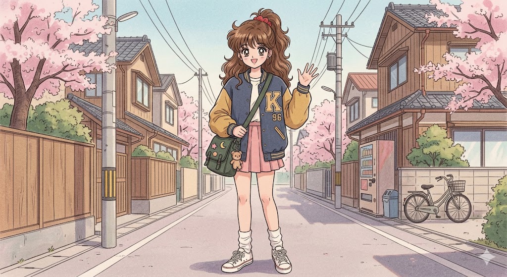 Retro anime fashion – oversized varsity jacket with mini skirt and white crew socks, 90s anime look