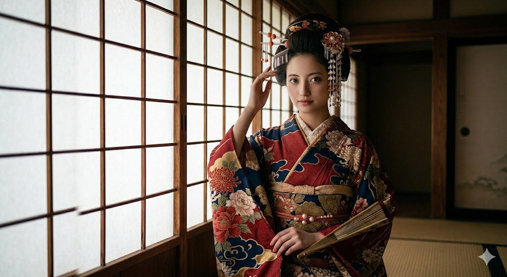 Retro modern Taisho era floral kimono Kyoto Japan