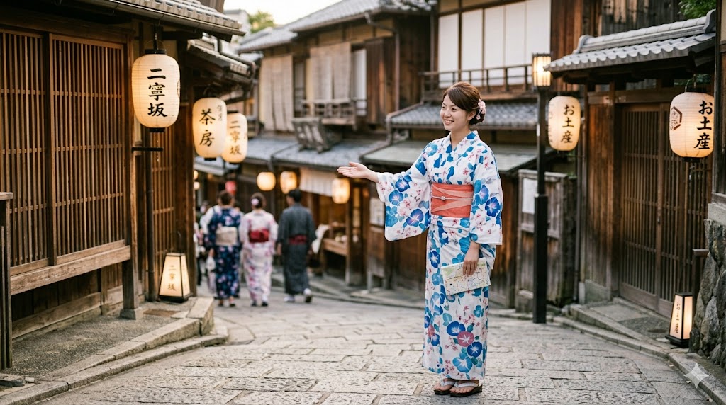 Japanese woman in yukata on a traditional Kyoto street — sumimasen travel phrase