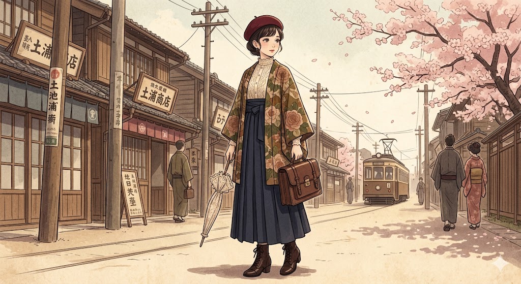 Taisho Roman retro anime Japanese fashion – haori kimono jacket with boots and beret