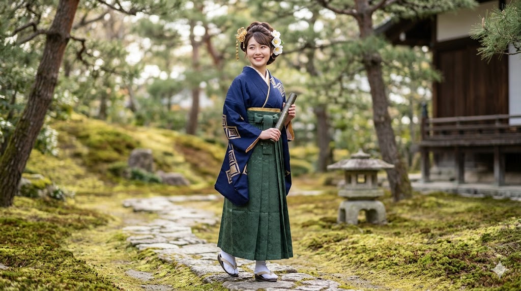 Modern graduation: navy furisode with green hakama