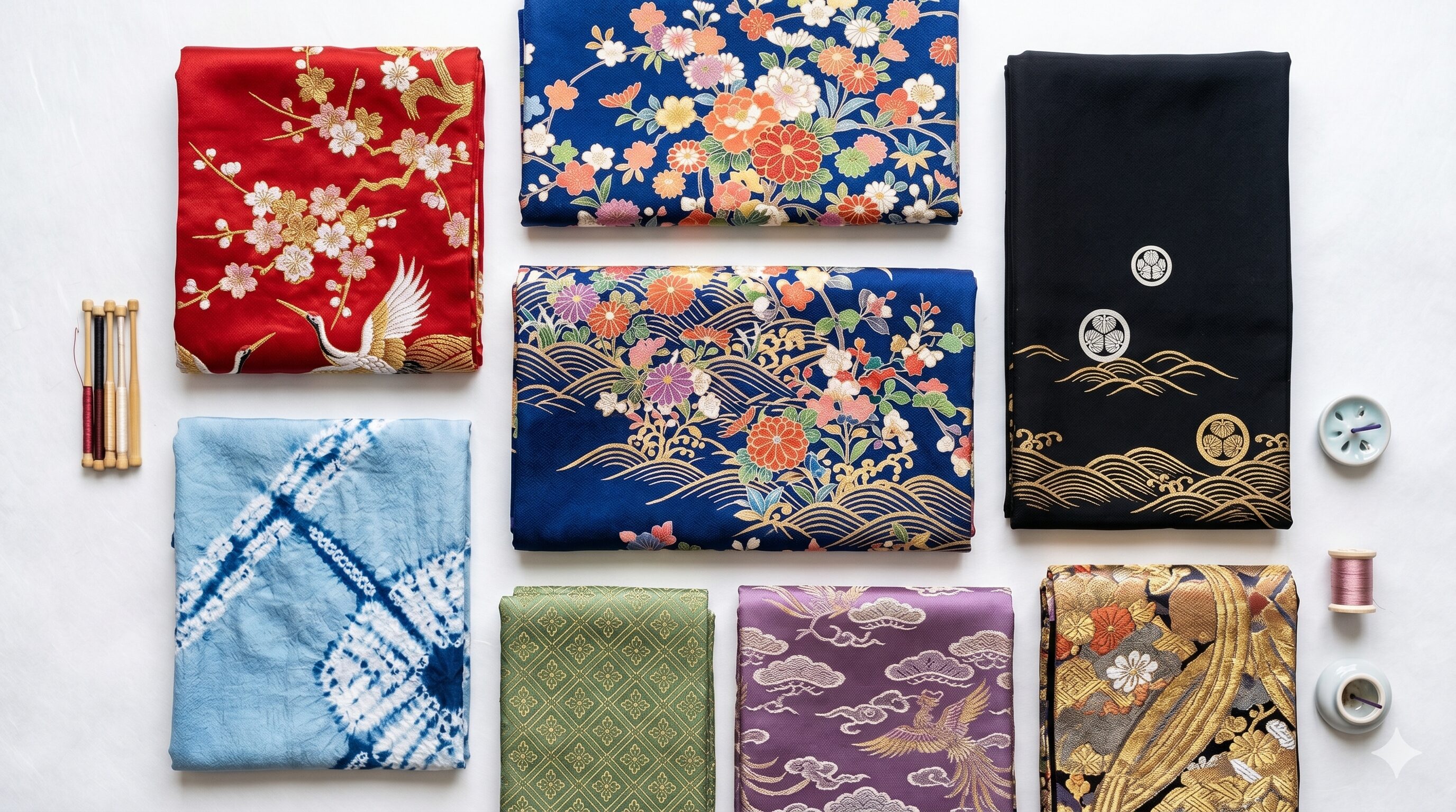 Assortment of traditional Japanese kimono fabrics with shibori dyeing and floral patterns