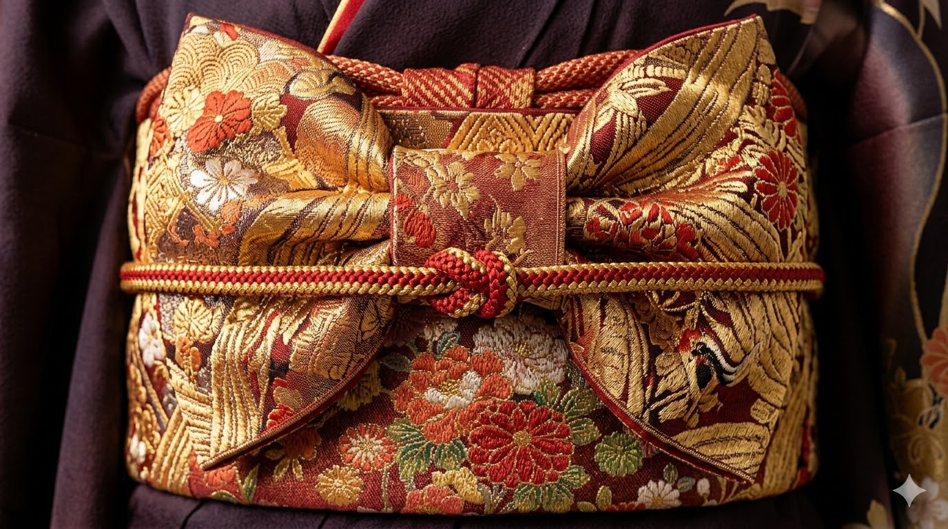 Close-up of traditional Japanese obi belt with gold floral brocade pattern