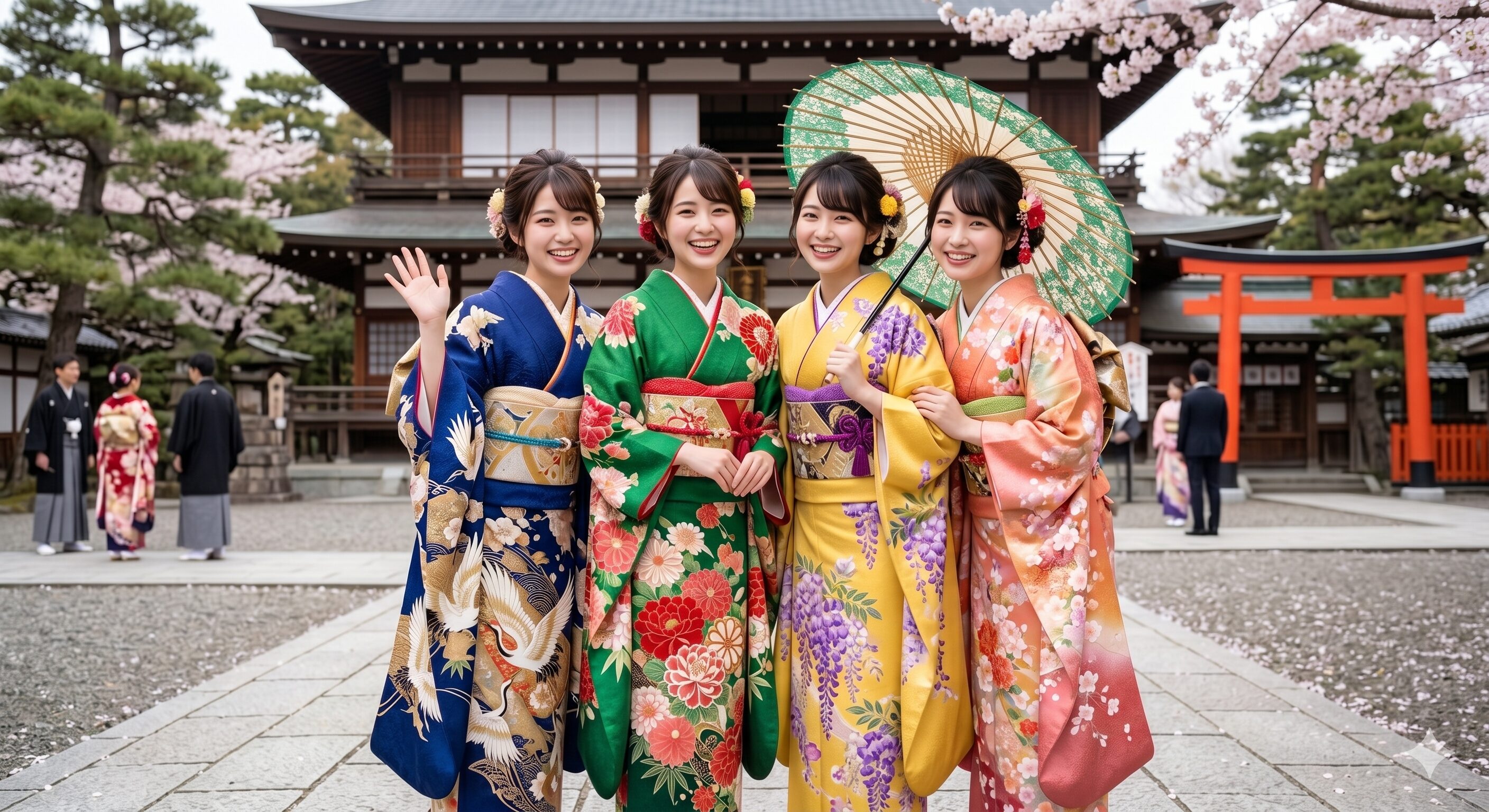 Young Japanese women in colorful furisode kimonos celebrating Coming-of-Age Day Seijin-shiki at a Shinto shrine