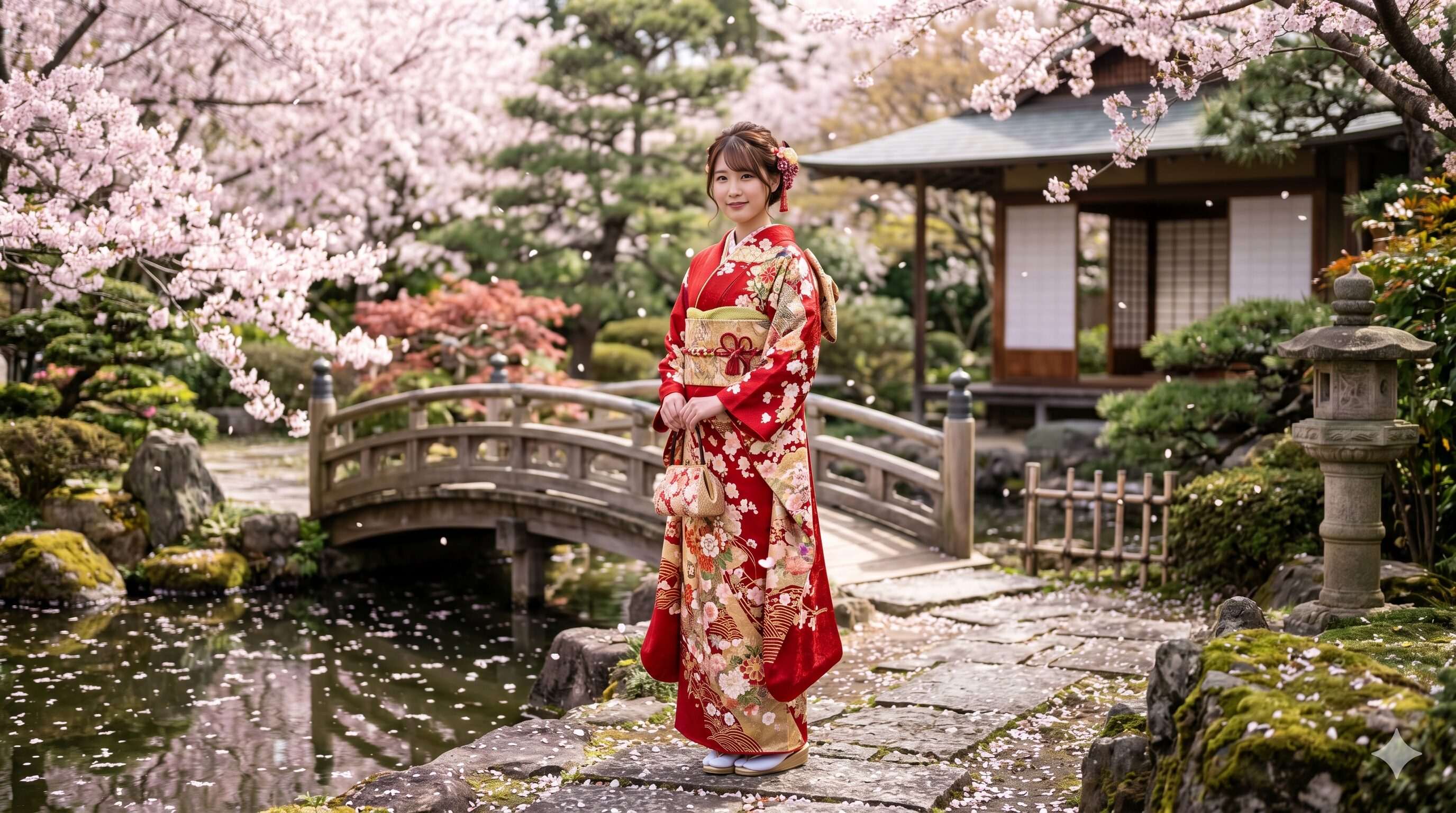 Elegant red furisode kimono with cherry blossom patterns in a traditional Japanese garden