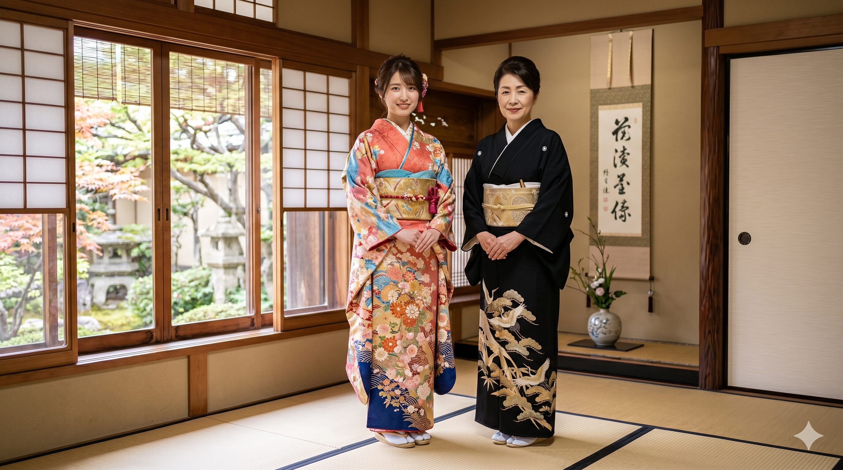 Formal Japanese kimono etiquette — colorful furisode for young women and black kurotomesode for mothers