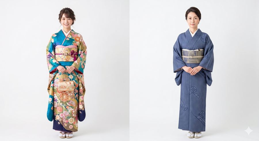 Side by side comparison of furisode kimono with long colorful sleeves versus standard kimono with shorter sleeves