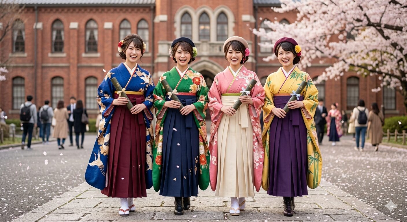 Japanese university graduates wearing furisode kimonos with hakama trousers holding diplomas at graduation ceremony with cherry blossoms