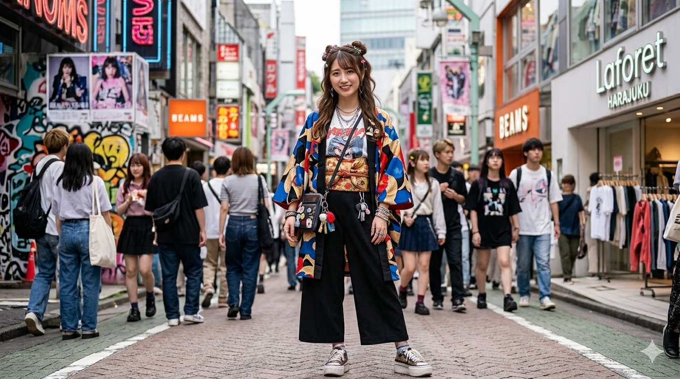 Harajuku Tokyo street fashion style with modern kimono jacket and contemporary streetwear