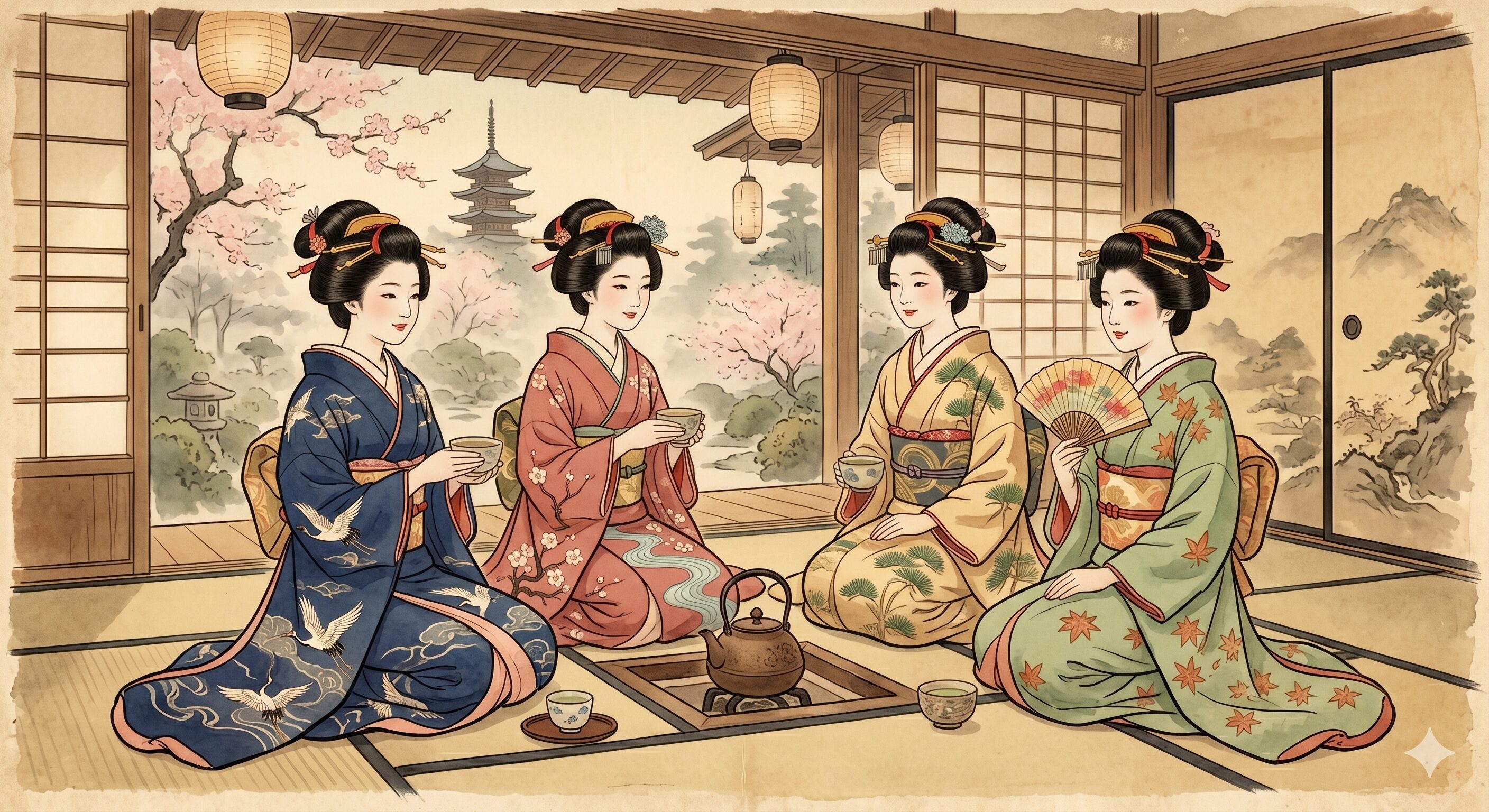 Traditional Japanese ukiyo-e style illustration of young women in Edo period furisode kimonos during a tea gathering