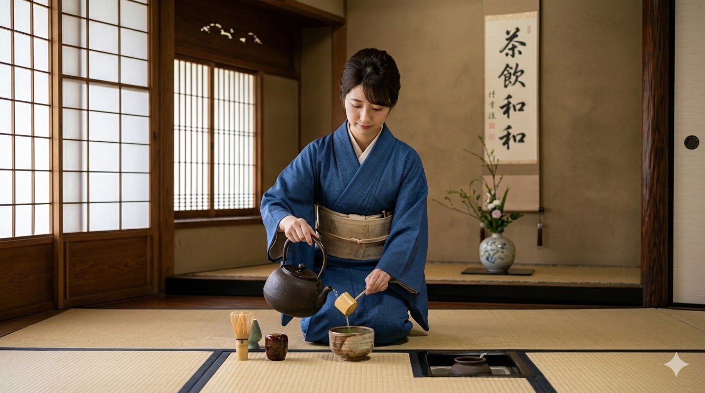 Japanese tea ceremony with woman wearing blue iromuji kimono in traditional tatami room