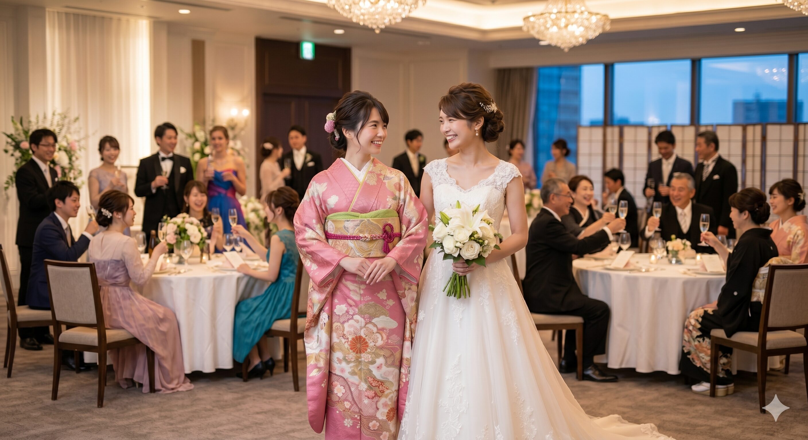 Young Japanese woman in a pink furisode kimono as a wedding guest standing with the bride at a wedding reception