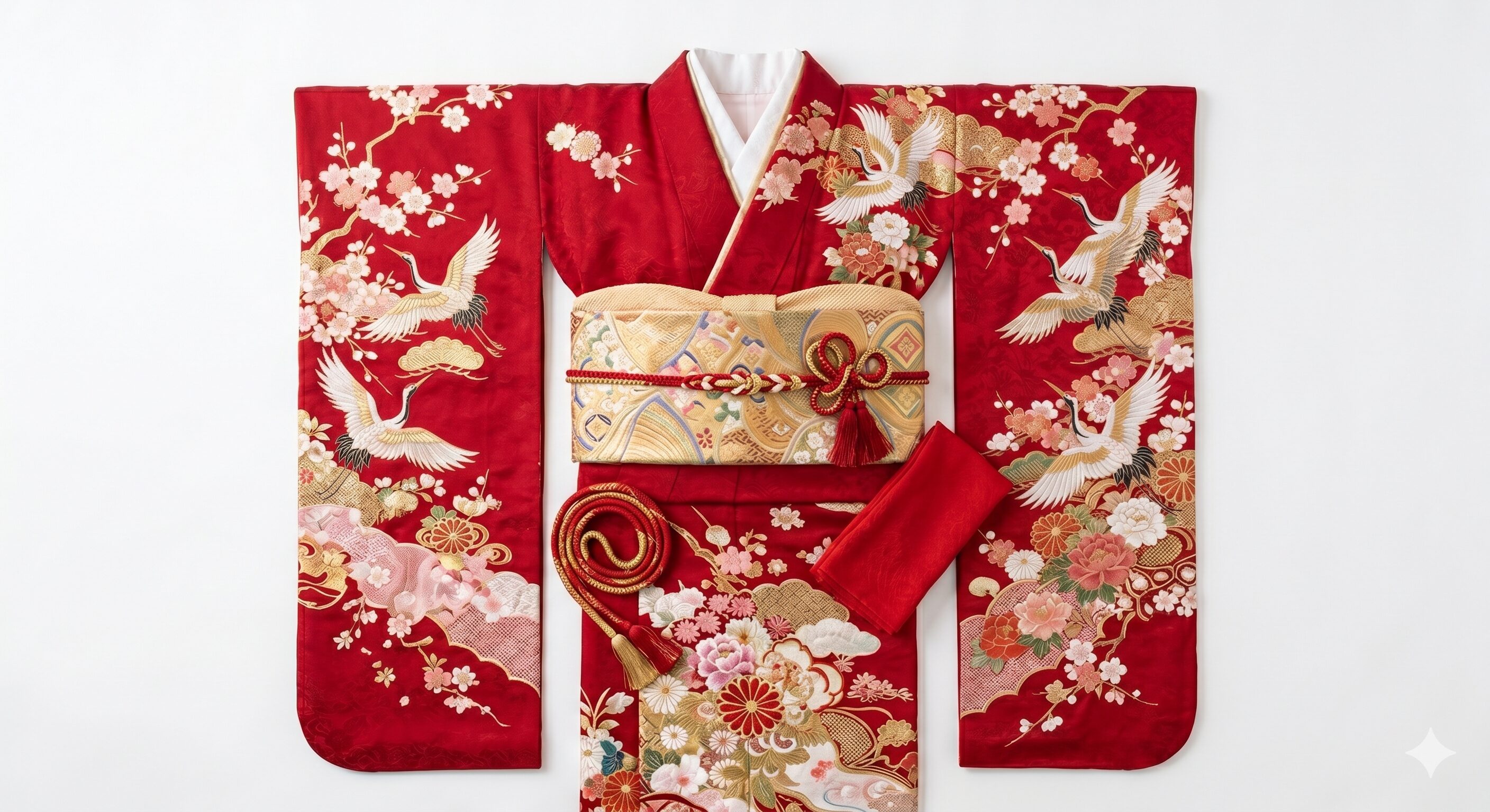Red furisode kimono laid flat showing all parts including long sleeves obi belt and accessories on white background