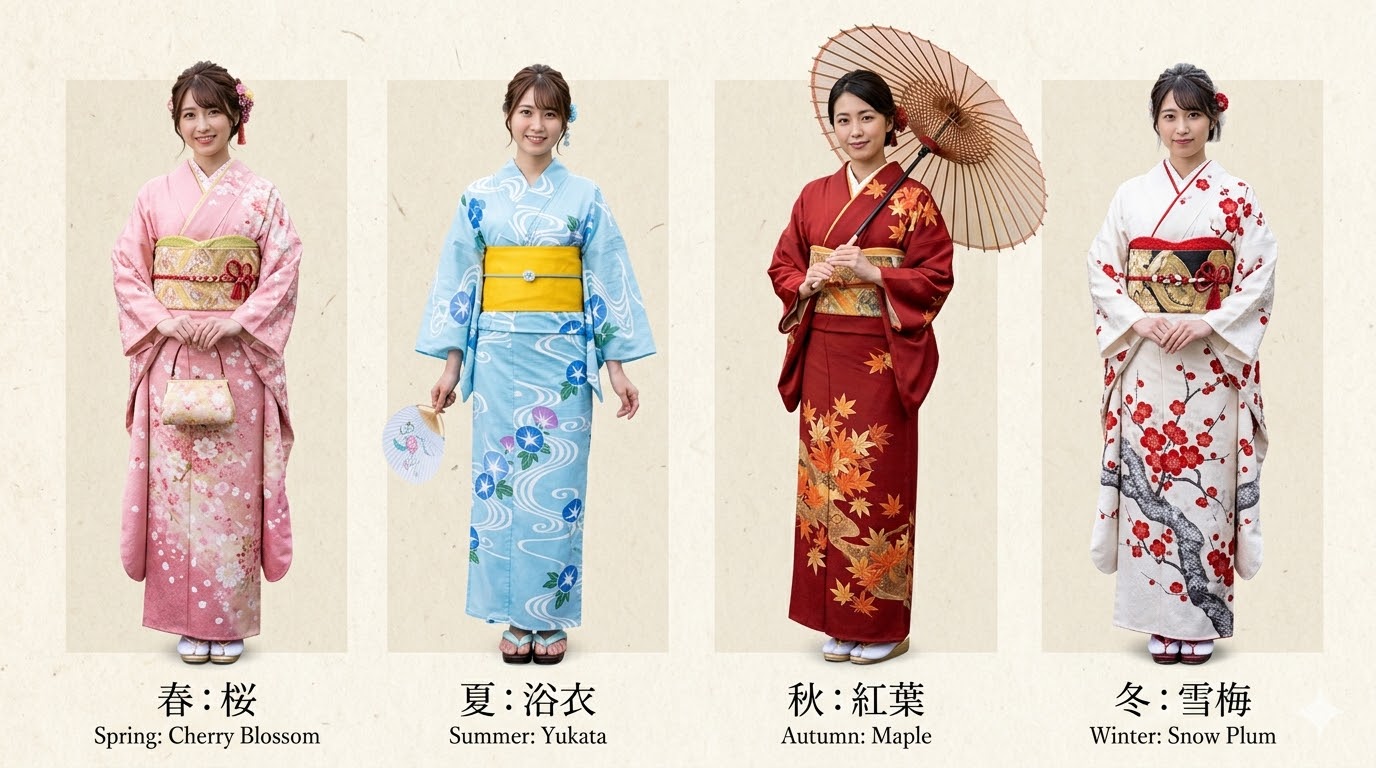 Japanese kimono seasonal guide — spring cherry blossom, summer yukata, autumn maple, winter snow plum