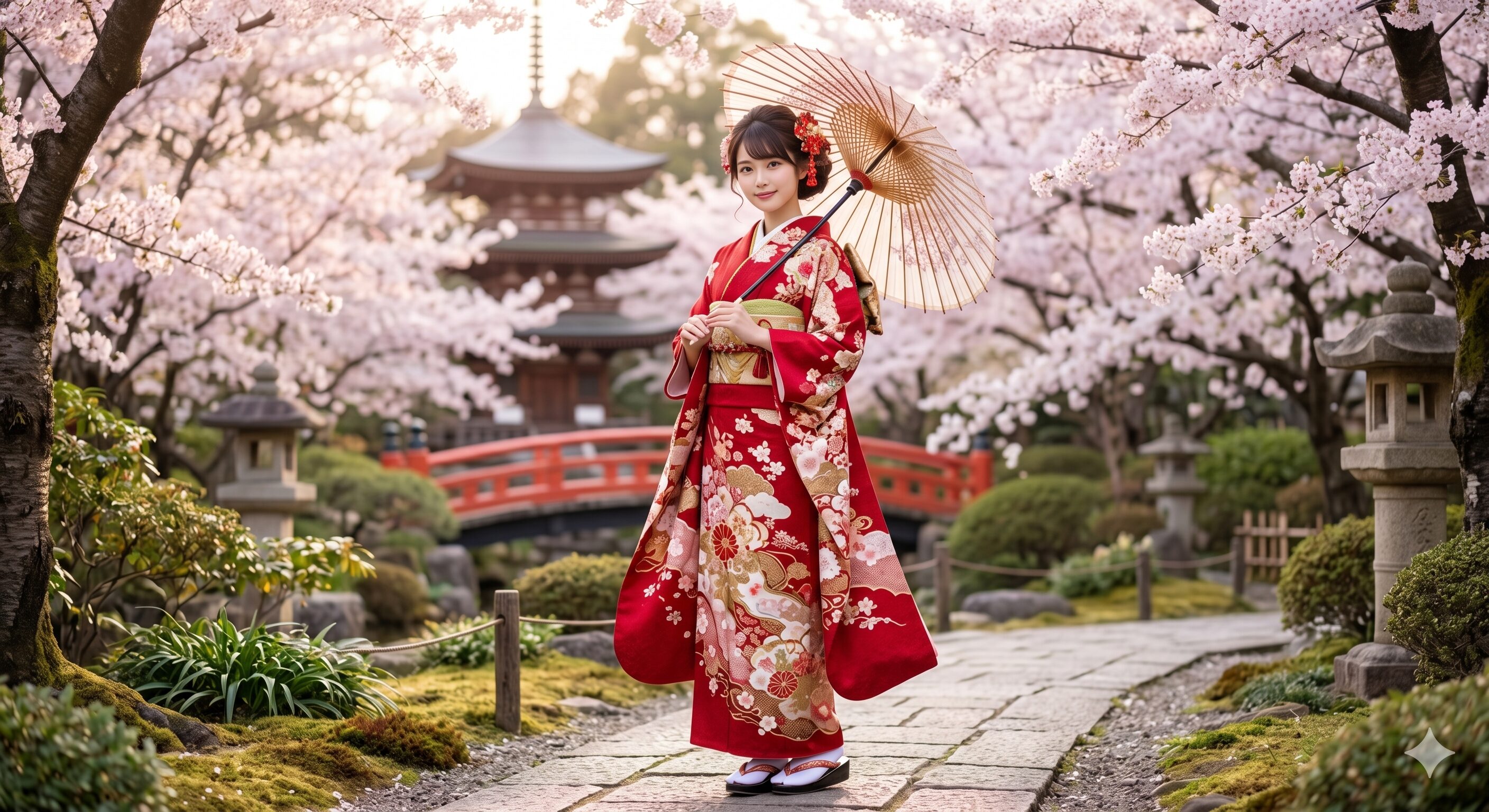 Beautiful young Japanese woman in a red furisode kimono with long swinging sleeves in a Japanese garden with cherry blossoms