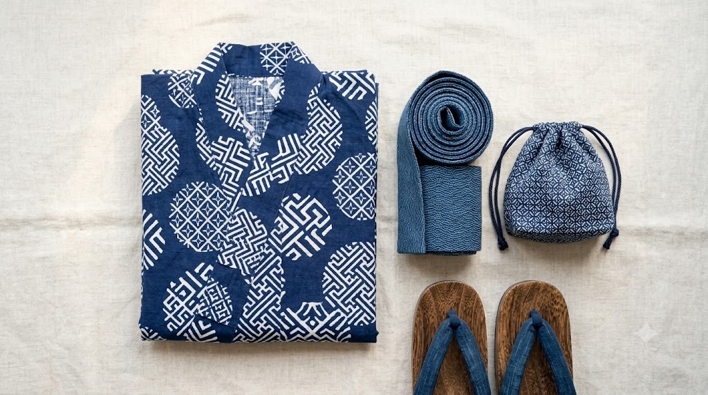 Flat lay of a complete cotton yukata set including folded yukata, obi sash, kinchaku drawstring pouch and wooden geta sandals