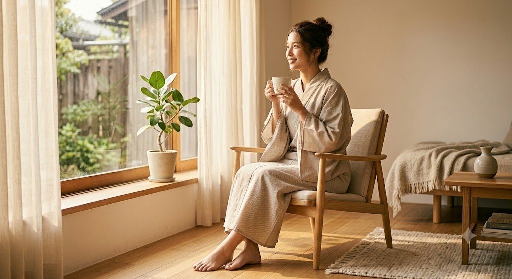 Young woman wearing a soft cotton yukata as luxurious loungewear at home, holding a ceramic coffee mug near a bright window