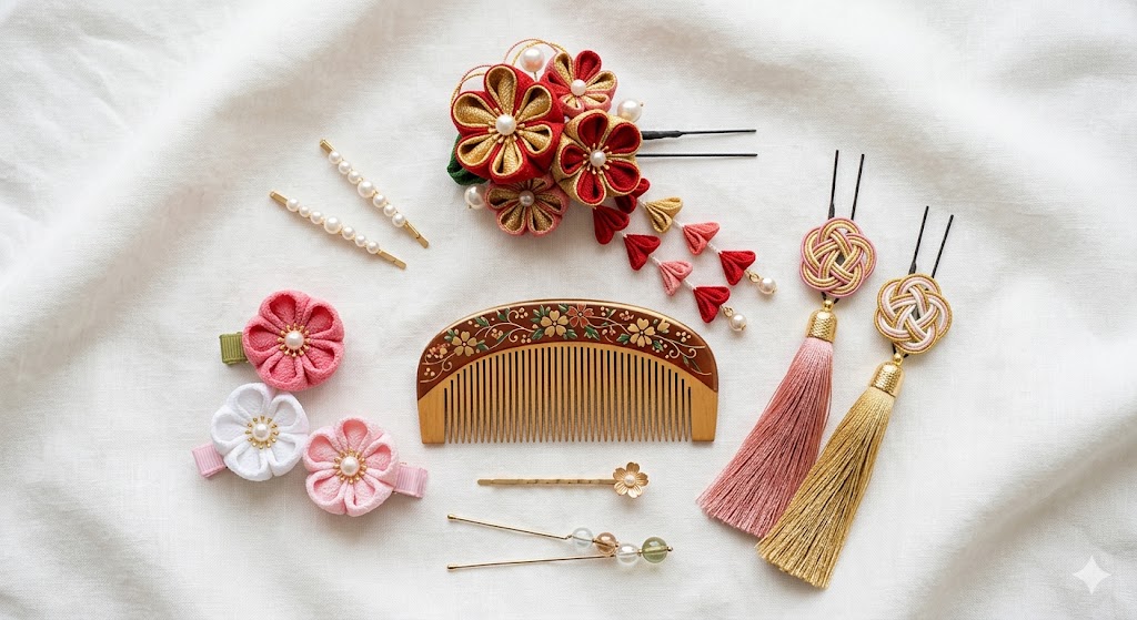 Cute Japanese hair accessories including kanzashi hairpin, flower clips, and decorative pins for kimono