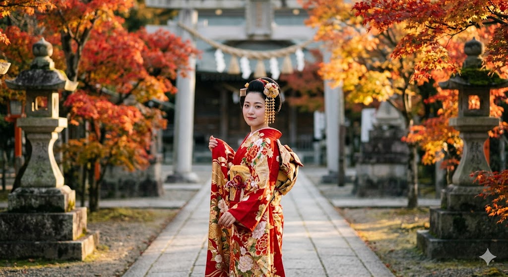 Cute kimono girl posing at Japanese shrine for Instagram photo