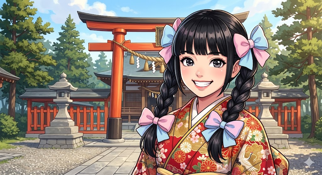 Cute anime-inspired kimono hairstyle with twin braids and hime cut bangs